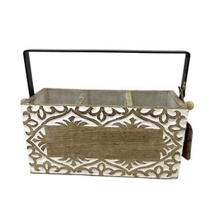NWT Global Market farmhouse distressed white brown wood silverware caddy carved